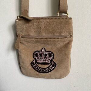 VINTAGE Juicy Couture Velour Y2K Barbiecore Crown Logo Crossbody Bag • Beige Tan